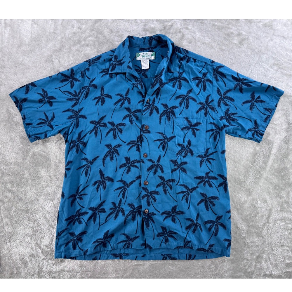 Two Palms Hawaiian Shirt Mens M Blue Palm Tree Aloha Tropical Vacation Dadcore